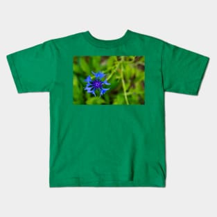 Blue cornflower herb flower head isolated on natural green background Kids T-Shirt